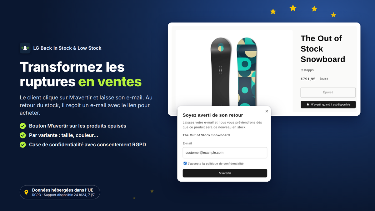 Bouton M’avertir et formulaire de retour en stock sur une page produit Shopify épuisé