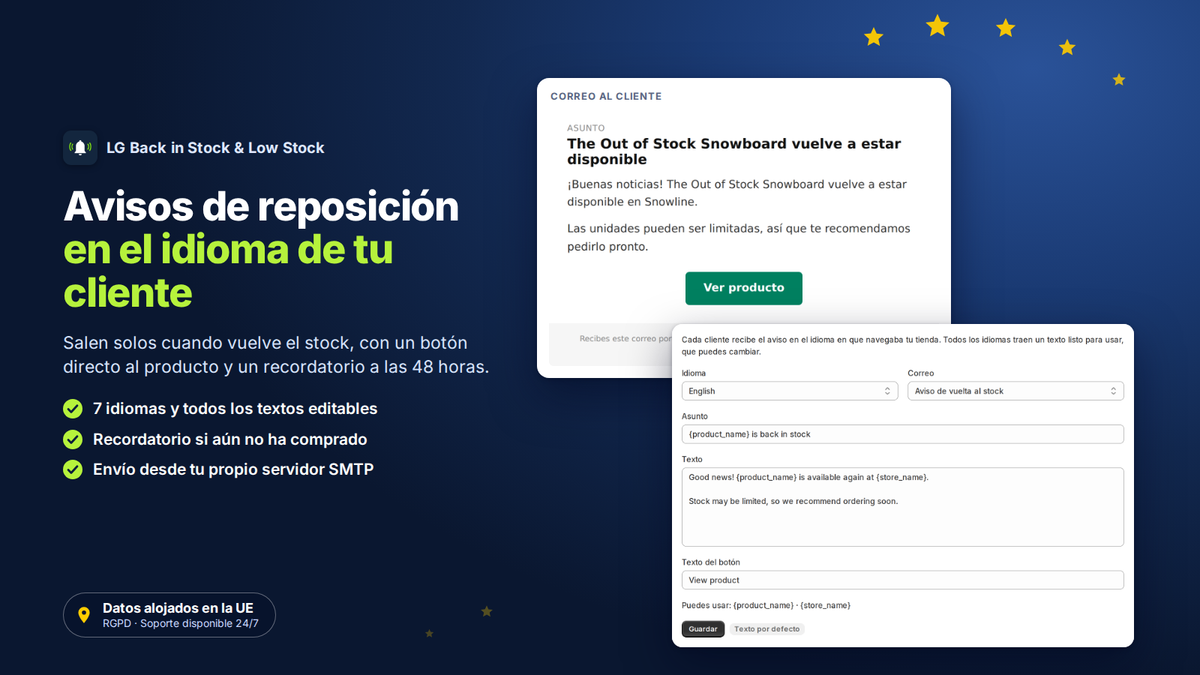 Correo de aviso de vuelta al stock en el idioma del cliente, con textos editables por idioma