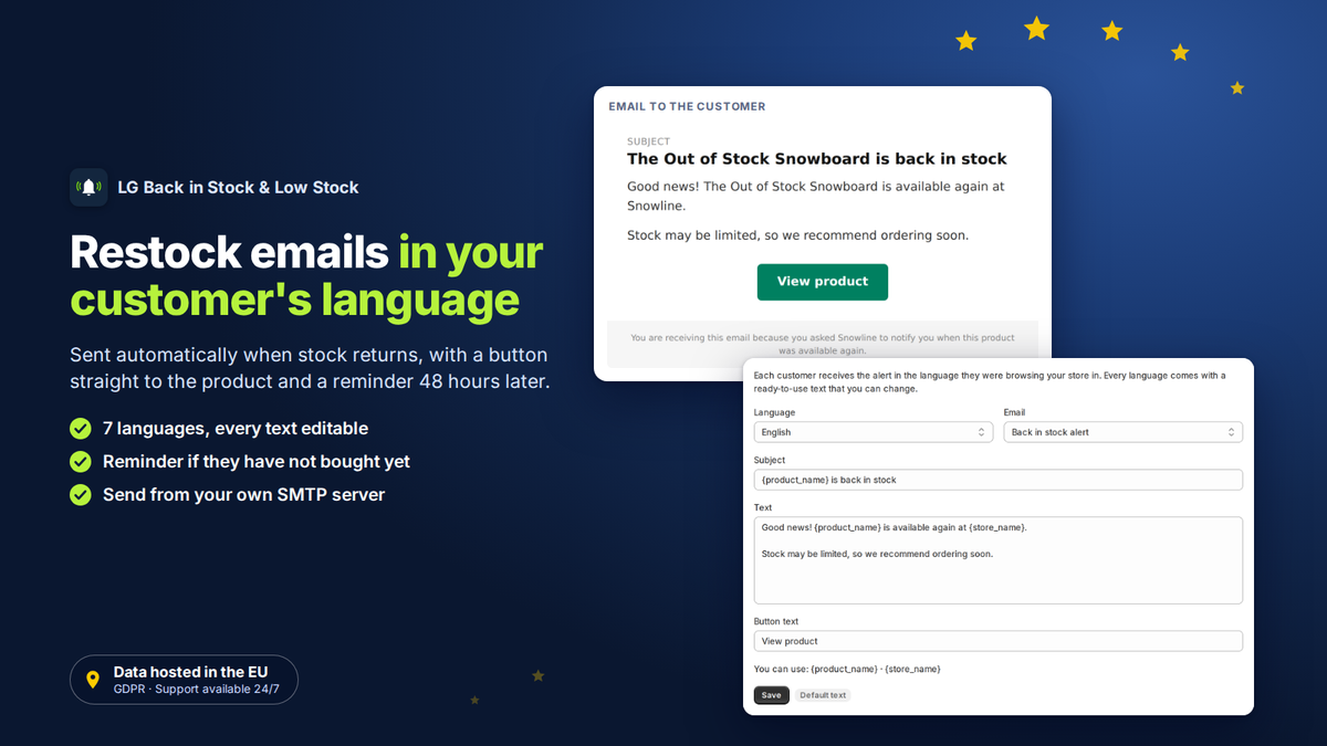 E-mail de reposição de stock no idioma do cliente, com textos editáveis por idioma