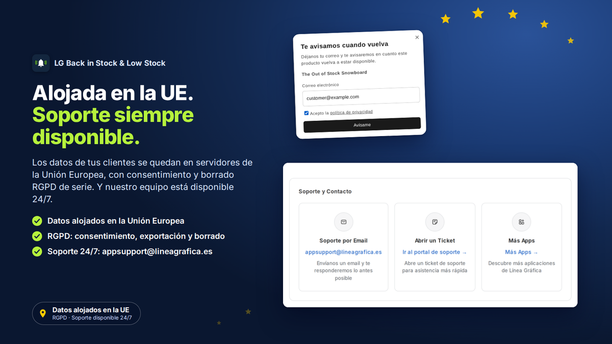 App de Shopify con datos alojados en la Unión Europea, RGPD y soporte 24/7