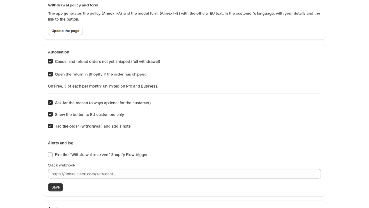 Automation settings: cancel unshipped orders, open returns, reasons, EU-only button and order tags