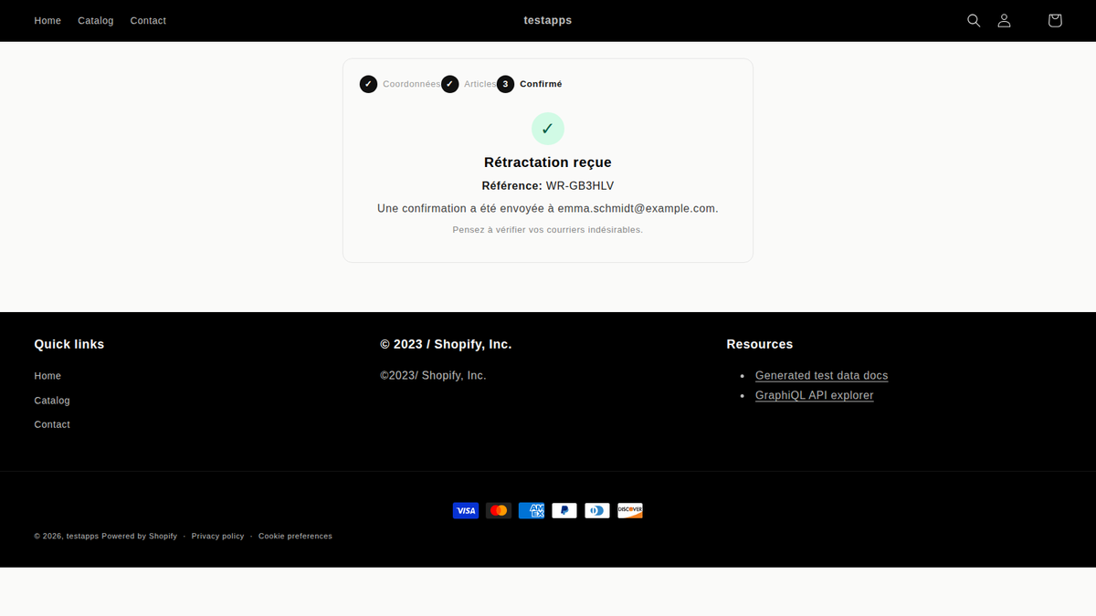 Confirmation de la rétractation avec son numéro de référence et commande annulée et remboursée