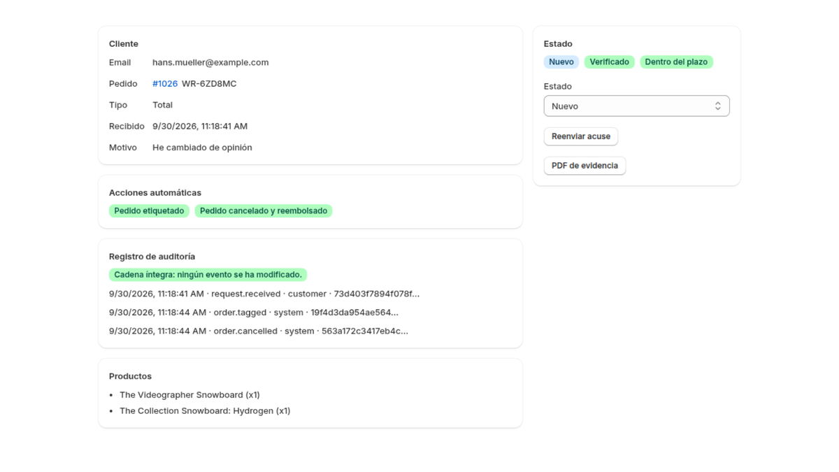Detalle de un desistimiento: pedido cancelado y reembolsado, registro de auditoría y PDF de evidencia