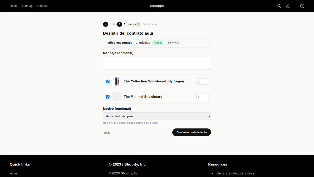 Formulario de desistimiento en una tienda Shopify: artículos del pedido, motivo y botón «Confirmar desistimiento»