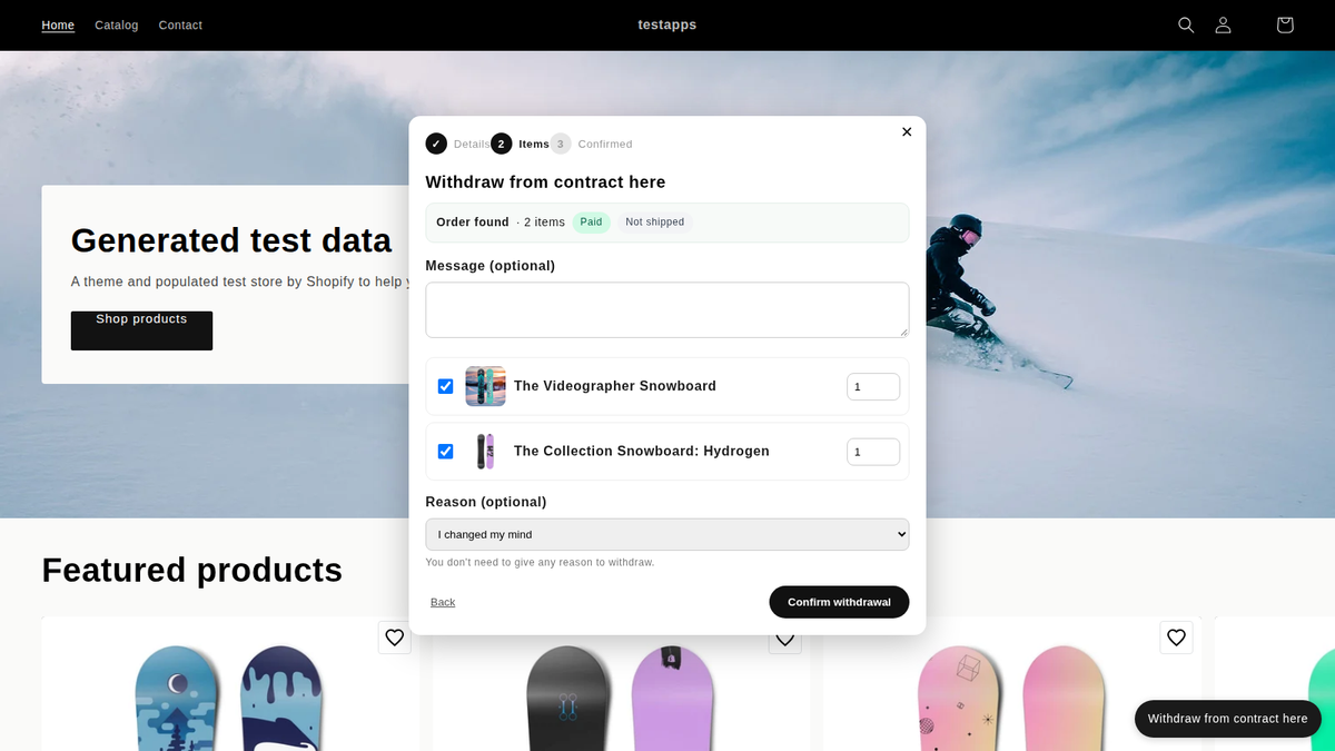 Withdrawal form on a Shopify store: order items, reason and the "Confirm withdrawal" button