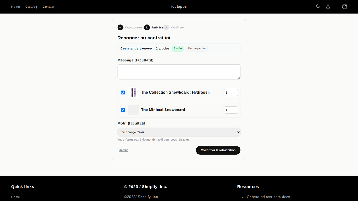 Formulaire de rétractation sur une boutique Shopify : articles de la commande, motif et bouton « Confirmer la rétractation »