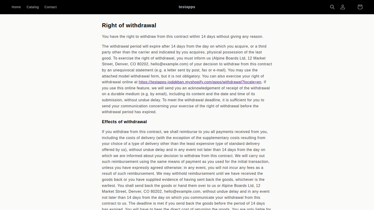 Withdrawal policy page (Annex I-A) generated by the app on the Shopify store
