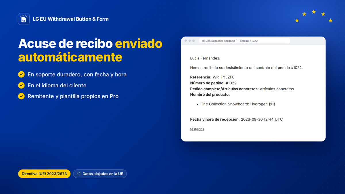 Acuse de recibo del desistimiento enviado por email automáticamente, con referencia, artículos, fecha y hora