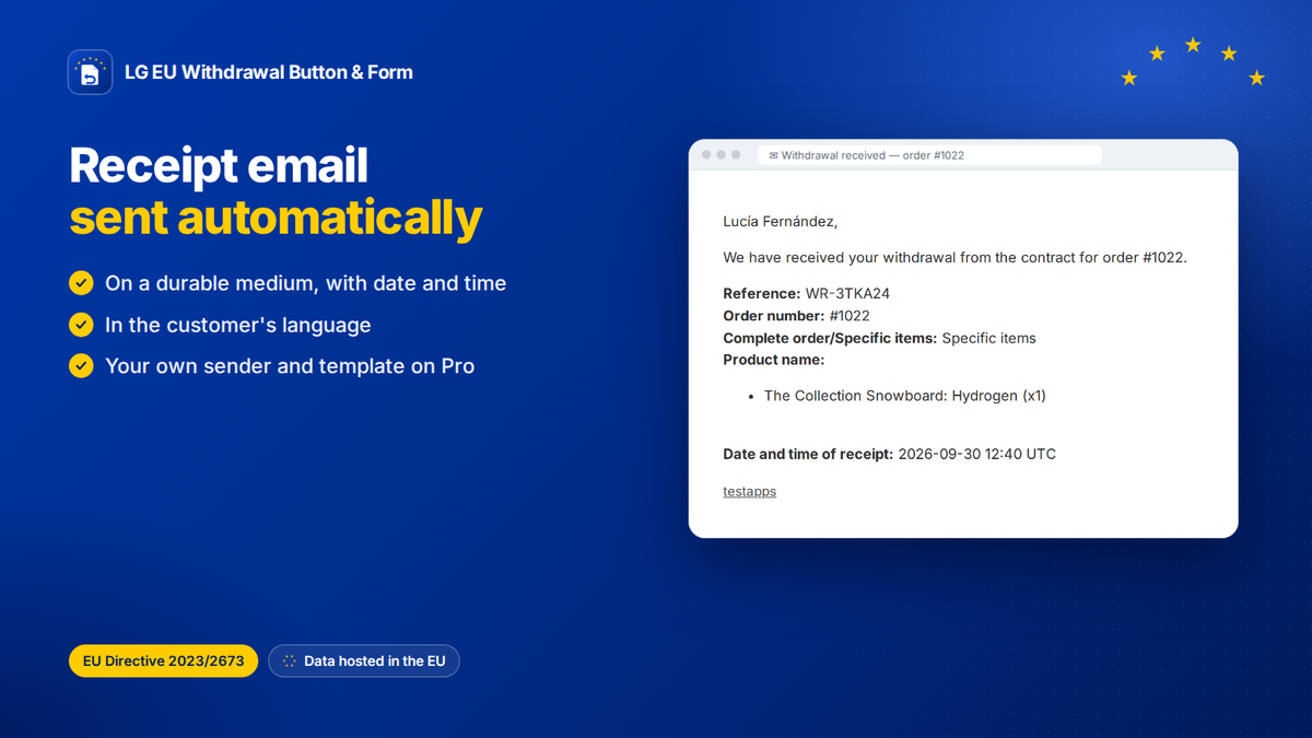 Conferma di ricevimento del recesso inviata automaticamente via email, con riferimento, articoli, data e ora