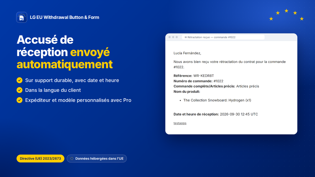 Accusé de réception de la rétractation envoyé automatiquement par e-mail, avec référence, articles, date et heure