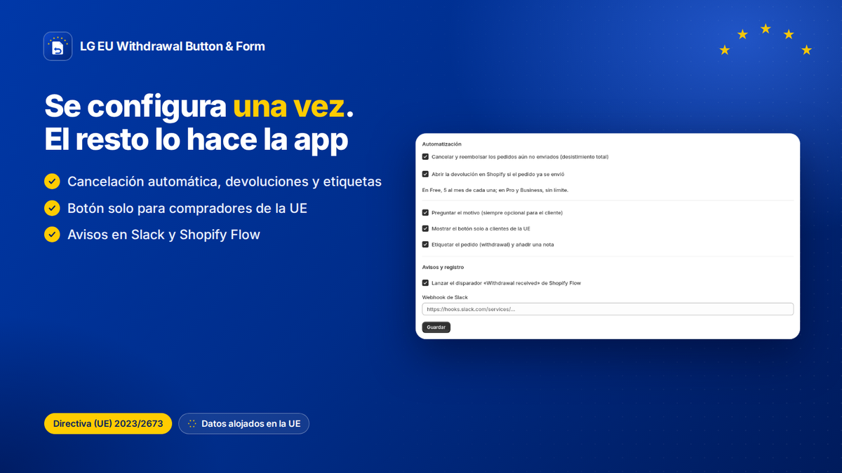 Ajustes de automatización de la app de desistimiento para Shopify: cancelación, devoluciones, botón solo UE, Slack y Flow