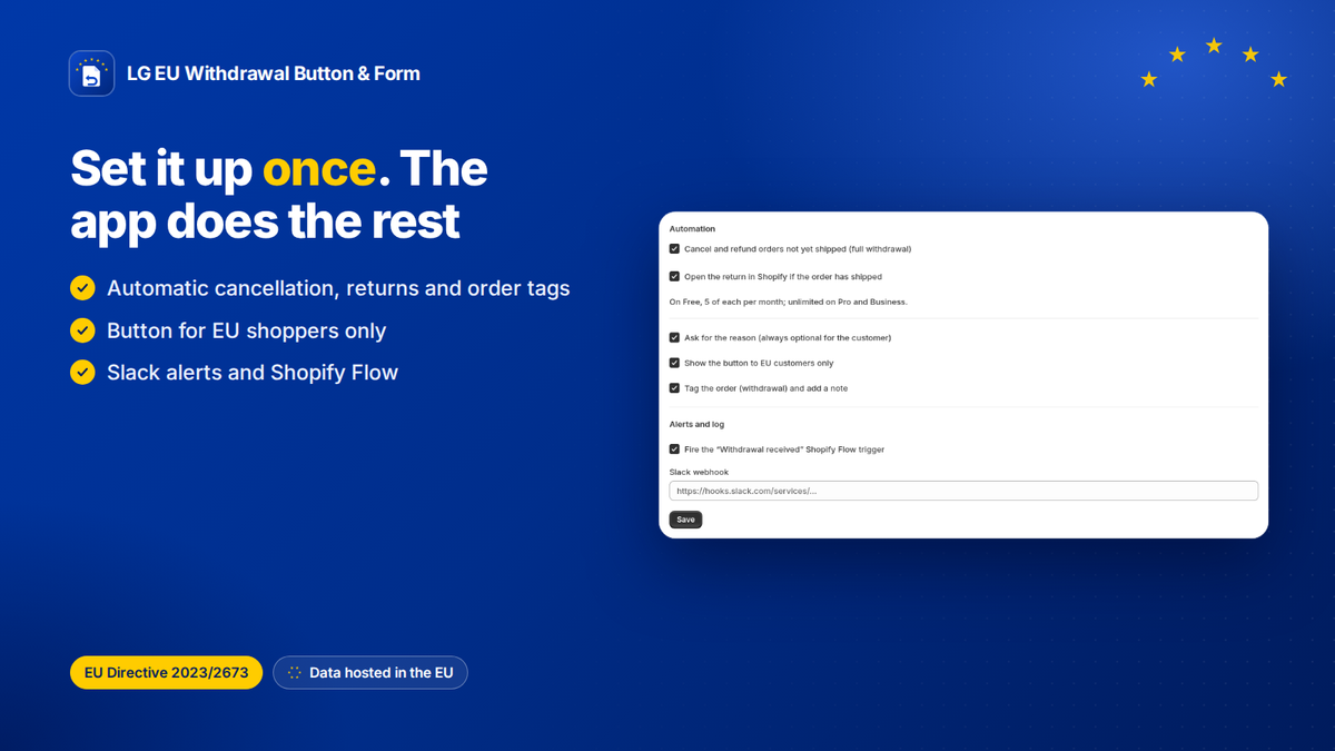 Impostazioni di automazione dell'app di recesso per Shopify: annullamento, resi, pulsante solo UE, Slack e Flow
