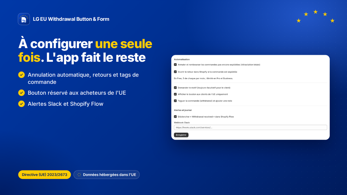 Réglages d'automatisation de l'app de rétractation pour Shopify : annulation, retours, bouton UE uniquement, Slack et Flow