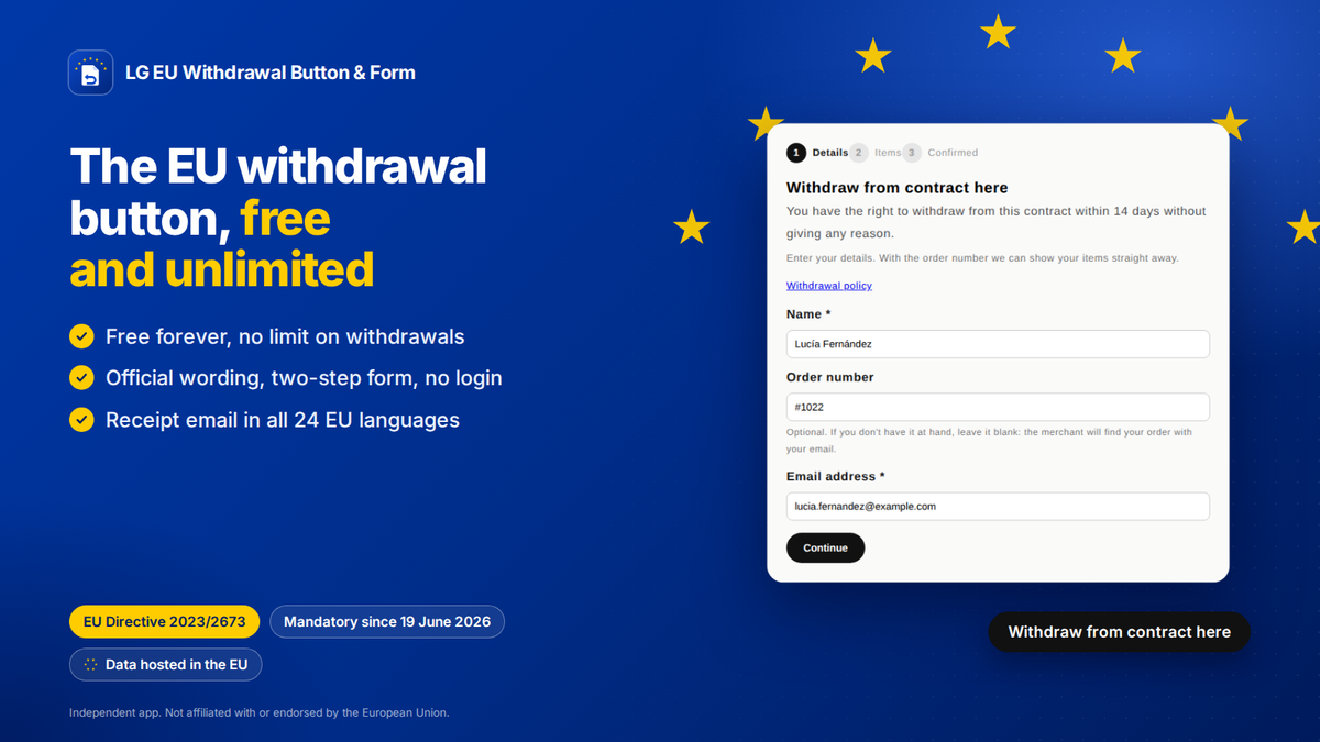 Pulsante di recesso UE gratis e senza limiti per Shopify (Direttiva 2023/2673): modulo ufficiale, conferma via email e 24 lingue dell'UE