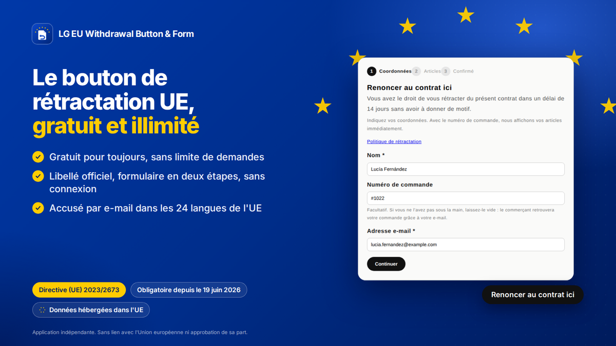 Bouton de rétractation UE pour Shopify (Directive 2023/2673) : formulaire officiel, accusé de réception et 24 langues de l'UE