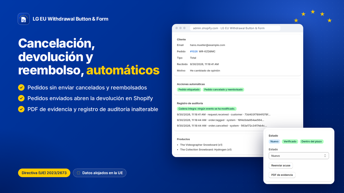 Cancelación, devolución y reembolso automáticos en Shopify, con PDF de evidencia y registro de auditoría