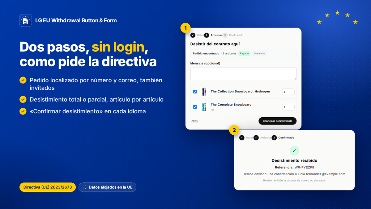 Formulario de desistimiento en dos pasos y sin login en una tienda Shopify, como exige la Directiva (UE) 2023/2673