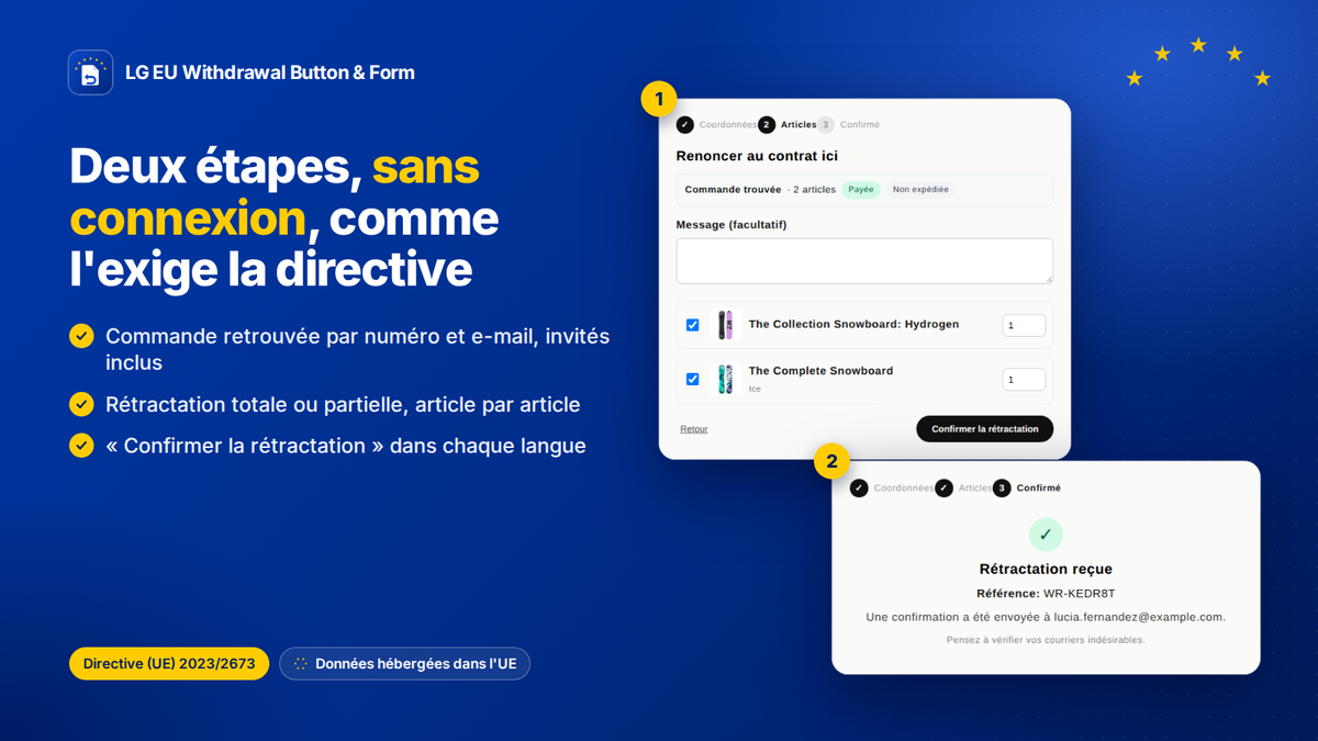 Formulaire de rétractation en deux étapes et sans connexion sur une boutique Shopify, comme l'exige la Directive (UE) 2023/2673