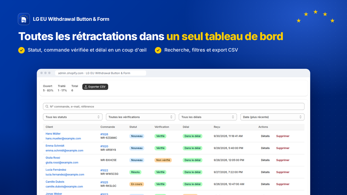 Tableau des demandes de rétractation dans Shopify : statut, commande et délai en un coup d'œil, avec filtres et export CSV
