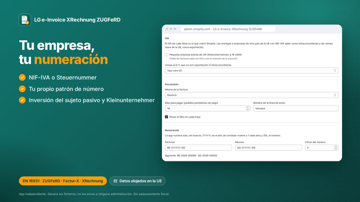 App Shopify de factura electrónica: ajustes: NIF-IVA, patrón de número, inversión del sujeto pasivo