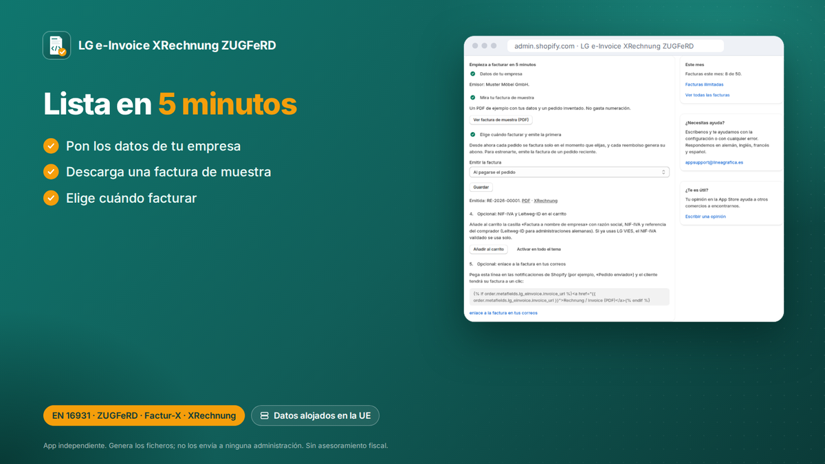 App Shopify de factura electrónica: lista en 5 minutos: datos de empresa, factura de muestra y cuándo facturar