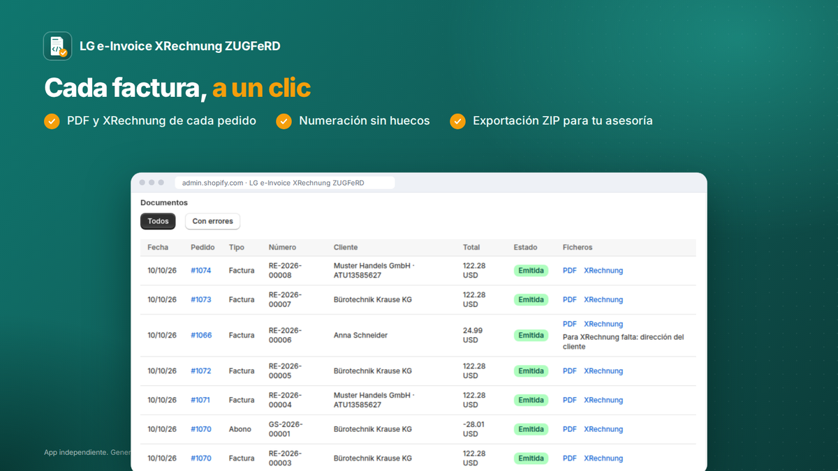 App Shopify de factura electrónica: lista de facturas con PDF y XRechnung de cada pedido y exportación ZIP