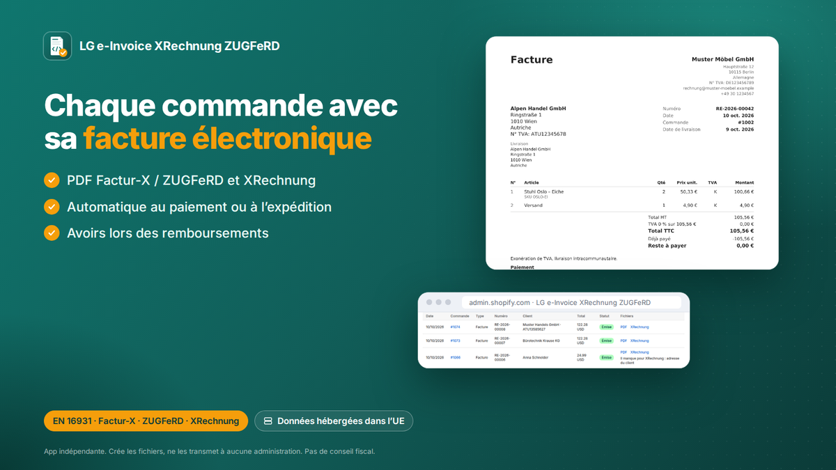 App Shopify de facture électronique : commande Shopify avec son PDF Factur-X / ZUGFeRD et XRechnung