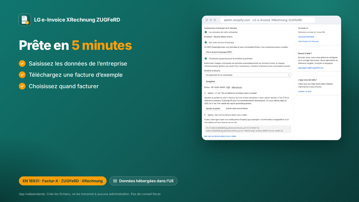 App Shopify de facture électronique : prête en 5 minutes : entreprise, facture d'exemple et moment de facturation