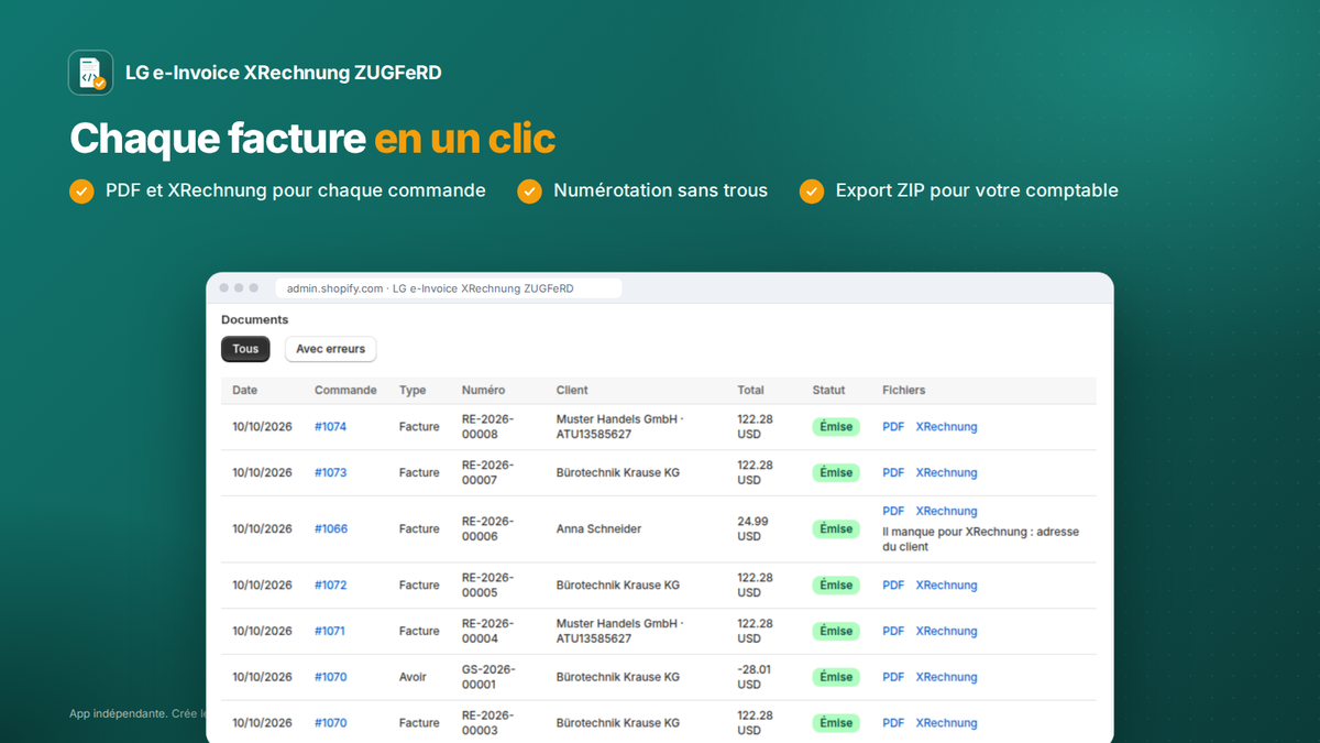 App Shopify de facture électronique : liste des factures avec PDF et XRechnung par commande et export ZIP