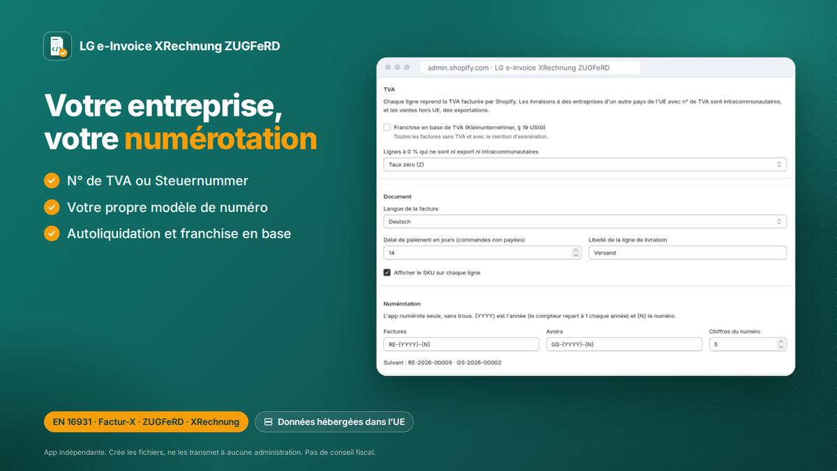 App Shopify de facture électronique : réglages : n° de TVA, modèle de numéro, autoliquidation et franchise