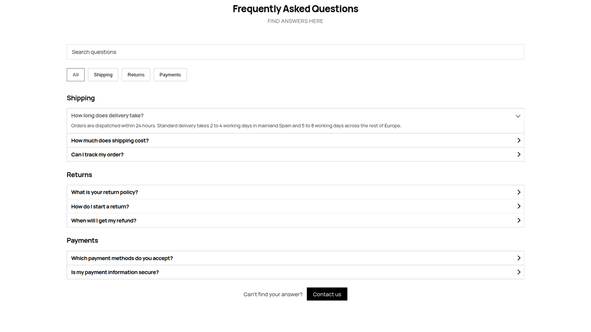 Accordéon de FAQ sur une boutique Shopify, avec sections, navigation et recherche
