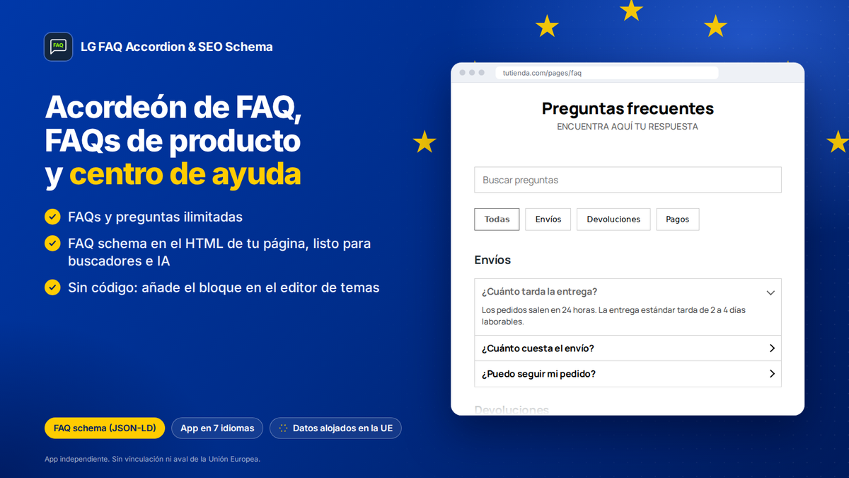 App de preguntas frecuentes (FAQ) para Shopify: acordeón, FAQs de producto y centro de ayuda, con FAQ schema y datos alojados en la UE