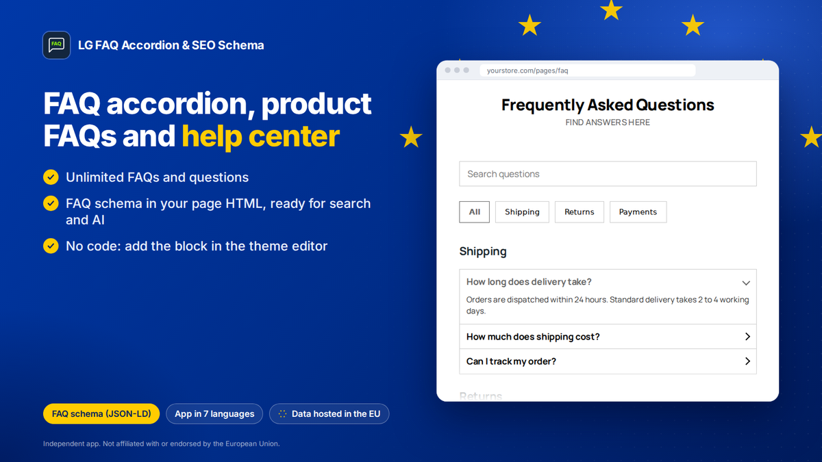 App de perguntas frequentes (FAQ) para Shopify: acordeão, FAQs de produto e centro de ajuda, com FAQ schema e dados alojados na UE