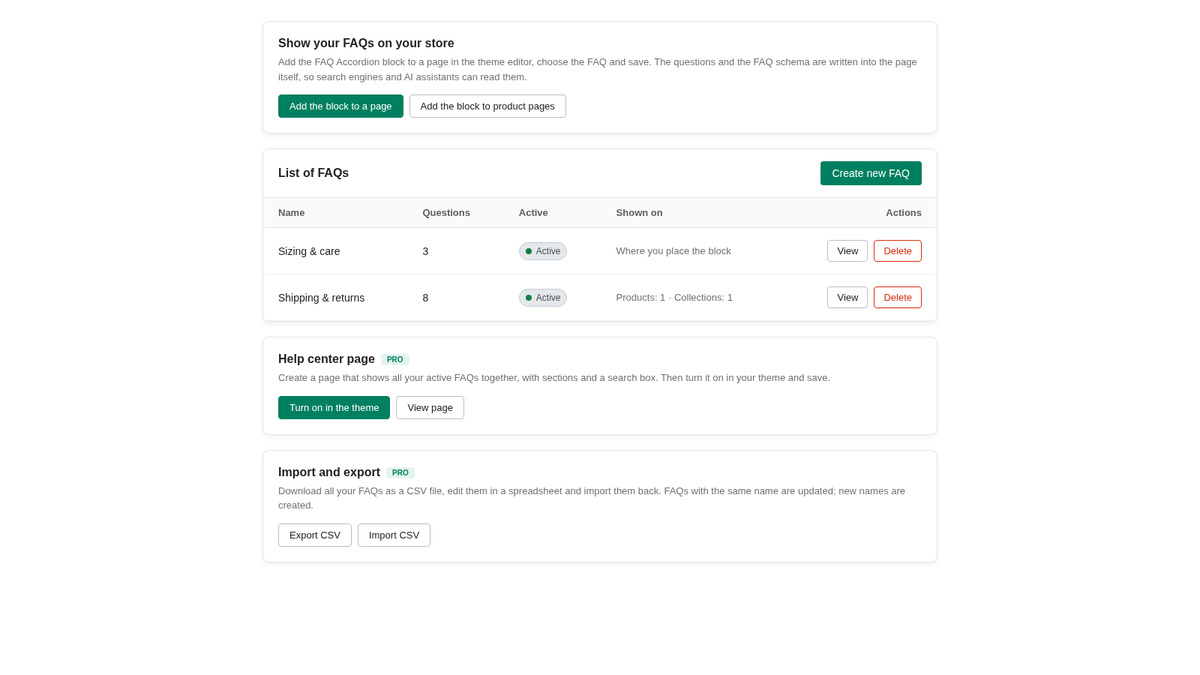 Tableau de bord de l'app FAQ pour Shopify : liste des FAQ, centre d'aide et import/export CSV