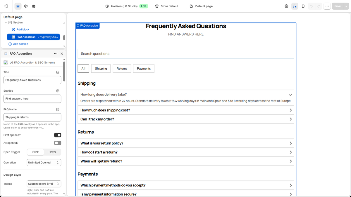 Bloc FAQ dans l'éditeur de thème Shopify : titre, FAQ affichée, ouverture et style de l'accordéon