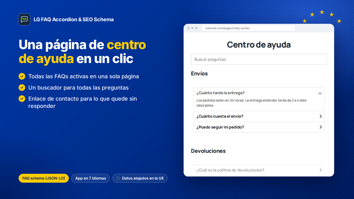 Página de centro de ayuda en Shopify con todas las FAQs de la tienda y buscador de preguntas