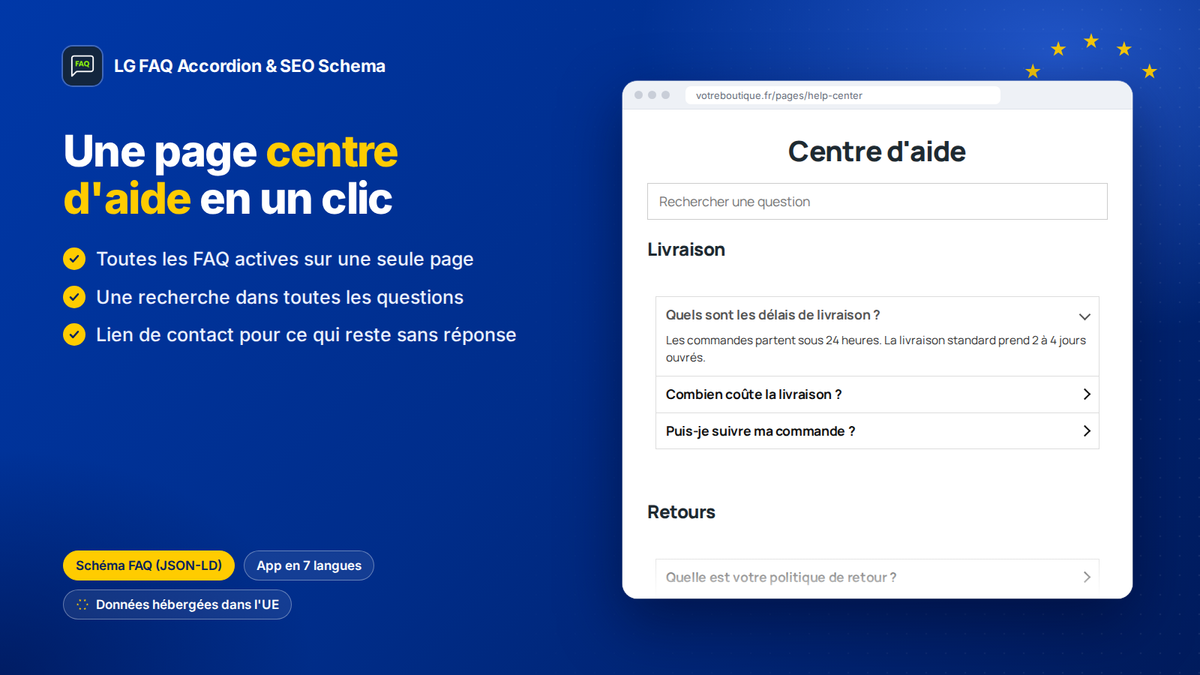 Page centre d'aide sur Shopify avec toutes les FAQ de la boutique et une recherche de questions