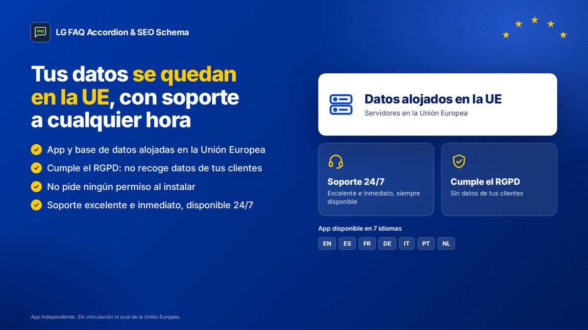 App de FAQ para Shopify con datos alojados en la Unión Europea, cumplimiento del RGPD y soporte 24/7