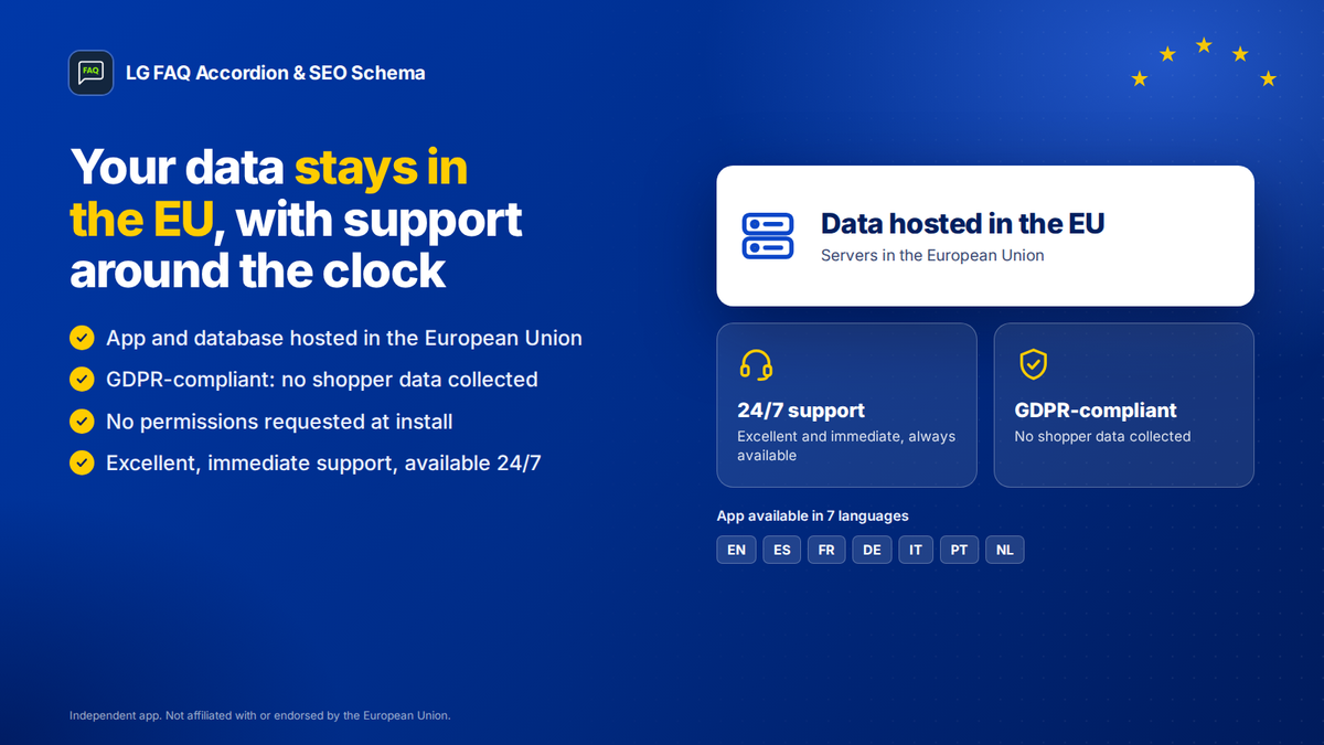 App de FAQ para Shopify com dados alojados na União Europeia, conformidade com o RGPD e suporte 24/7