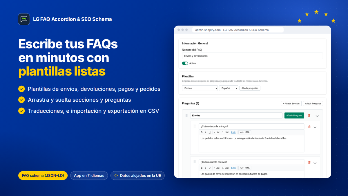 Editor de FAQs de la app para Shopify con plantillas listas, secciones y arrastrar y soltar
