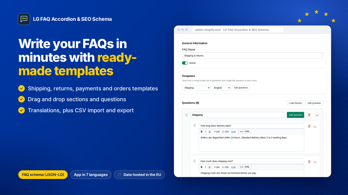 Editor de FAQs da app para Shopify com modelos prontos a usar, secções e arrastar e largar