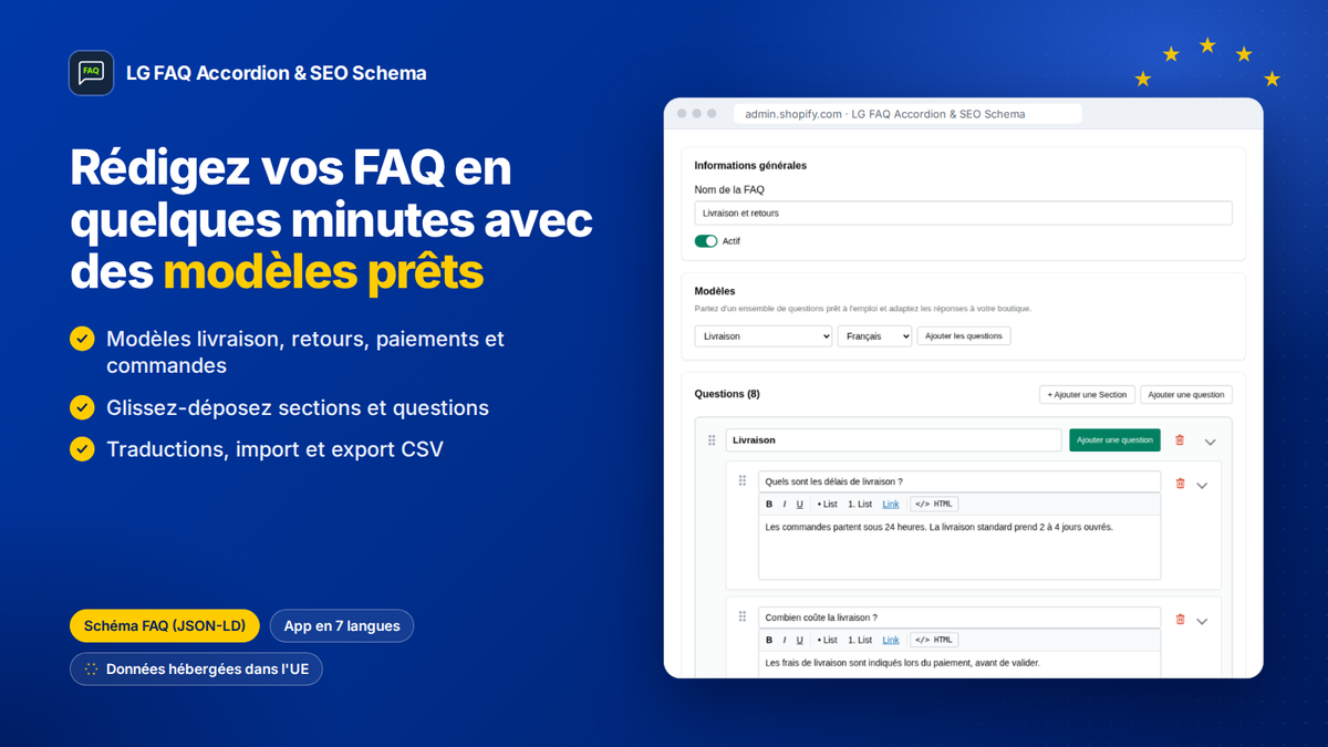 Éditeur de FAQ de l'app Shopify avec modèles prêts, sections et glisser-déposer