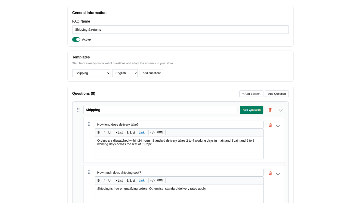 Éditeur de FAQ de l'app Shopify : questions et réponses par sections et modèles prêts à l'emploi