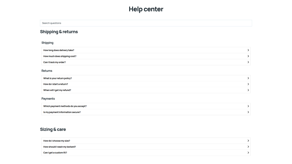 Help center page on Shopify with every FAQ of the store and a question search box