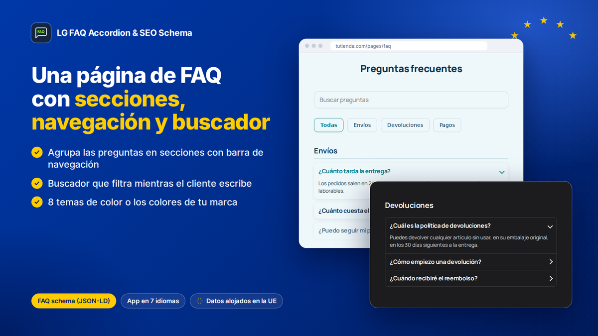 Página de FAQ en Shopify con secciones, barra de navegación, buscador y temas de color