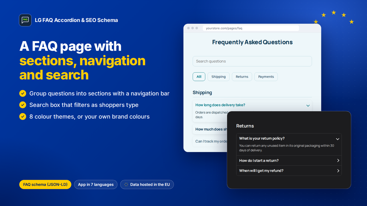 Página de FAQ no Shopify com secções, barra de navegação, pesquisa e temas de cores