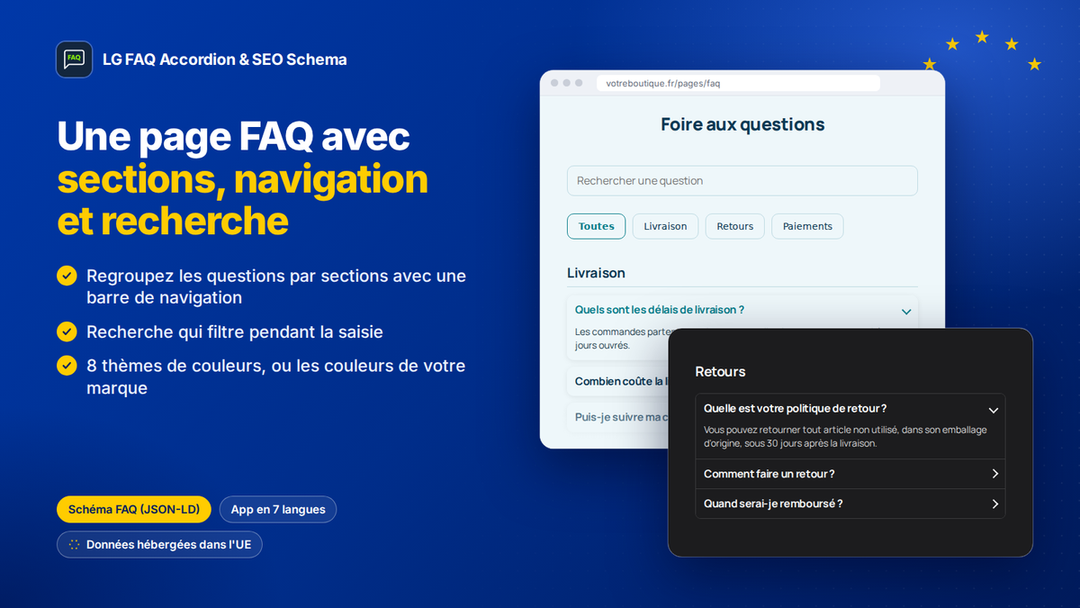 Page FAQ sur Shopify avec sections, barre de navigation, recherche et thèmes de couleurs
