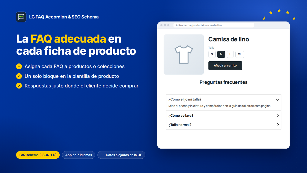 Preguntas frecuentes (FAQ) en la ficha de producto de Shopify: cada producto enseña sus propias preguntas
