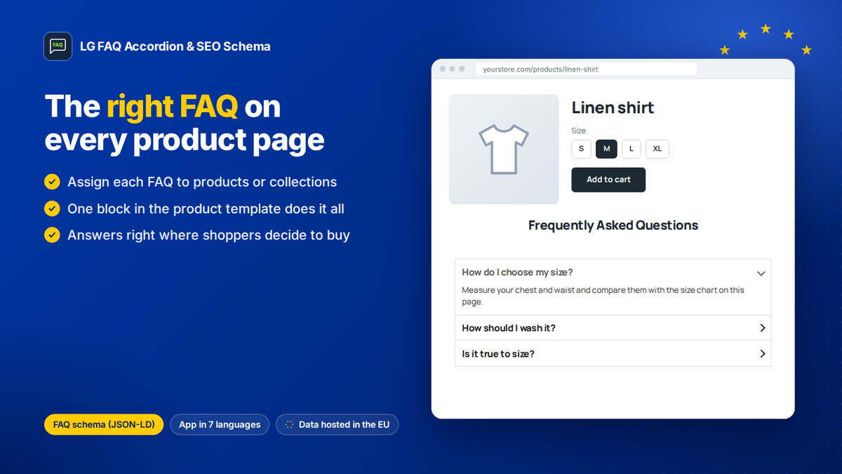 Perguntas frequentes (FAQ) na página de produto do Shopify: cada produto mostra as suas próprias perguntas