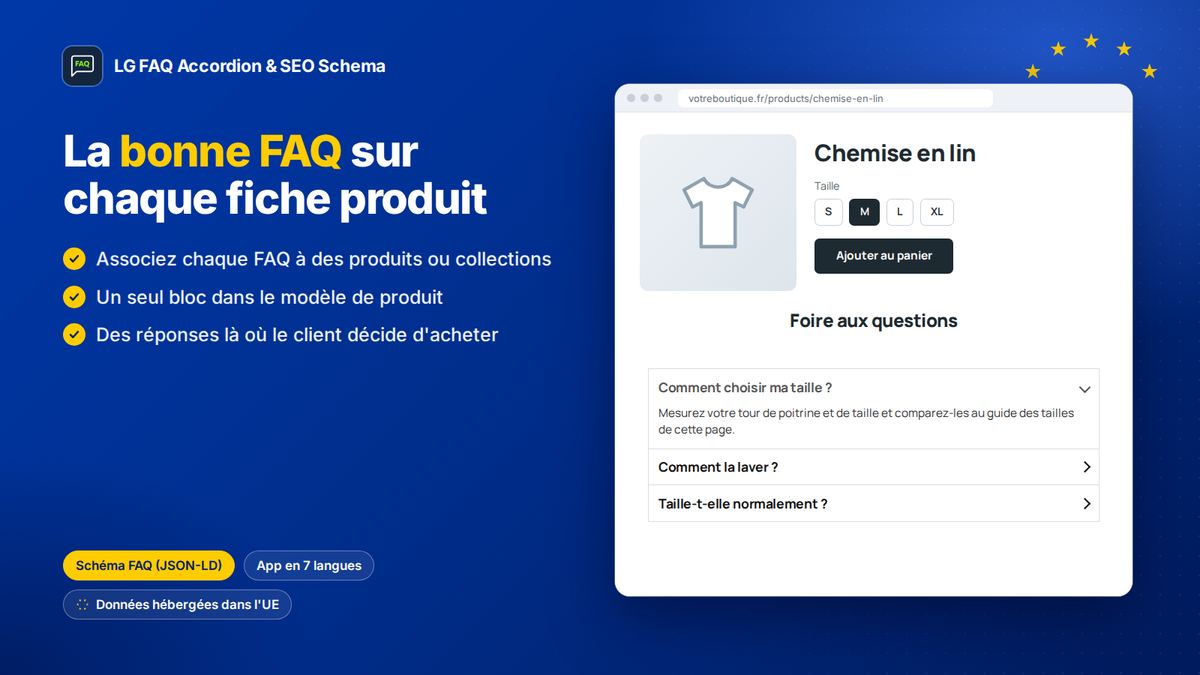 FAQ sur la fiche produit Shopify : chaque produit affiche ses propres questions
